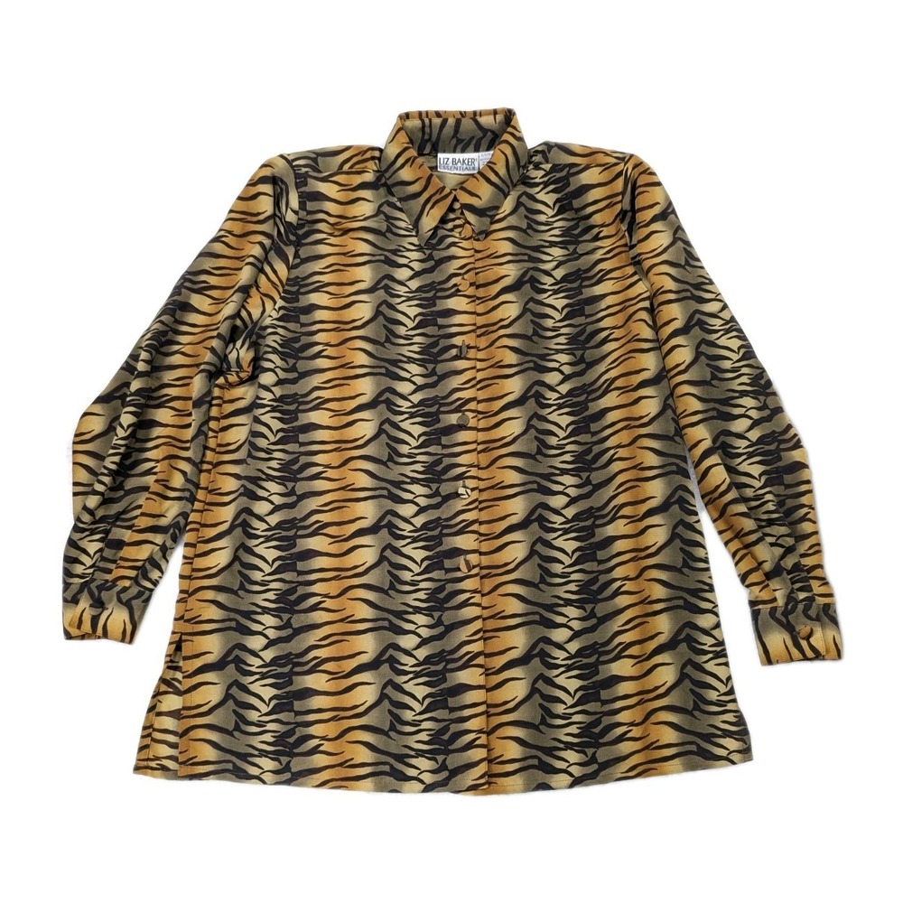 Liz Baker Women's Tiger Print All Over Long‎ Sleeve Button Up Blouse XL